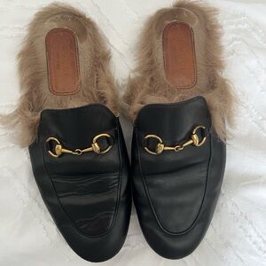 Gucci Black Leather Fur-Lined Backless Mules with Gold Horsebit